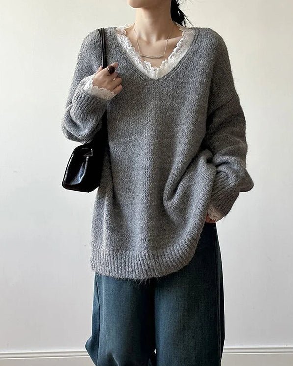 Soft V-Neck Lace-Trimmed Loose Knit Sweater