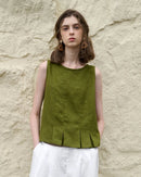 Pleated Linen Blend Sleeveless Tank Top