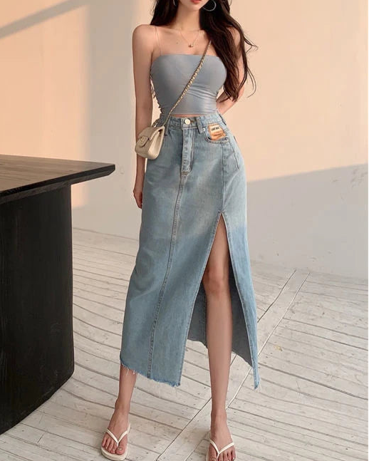 Side-Slit Denim Pencil Skirt