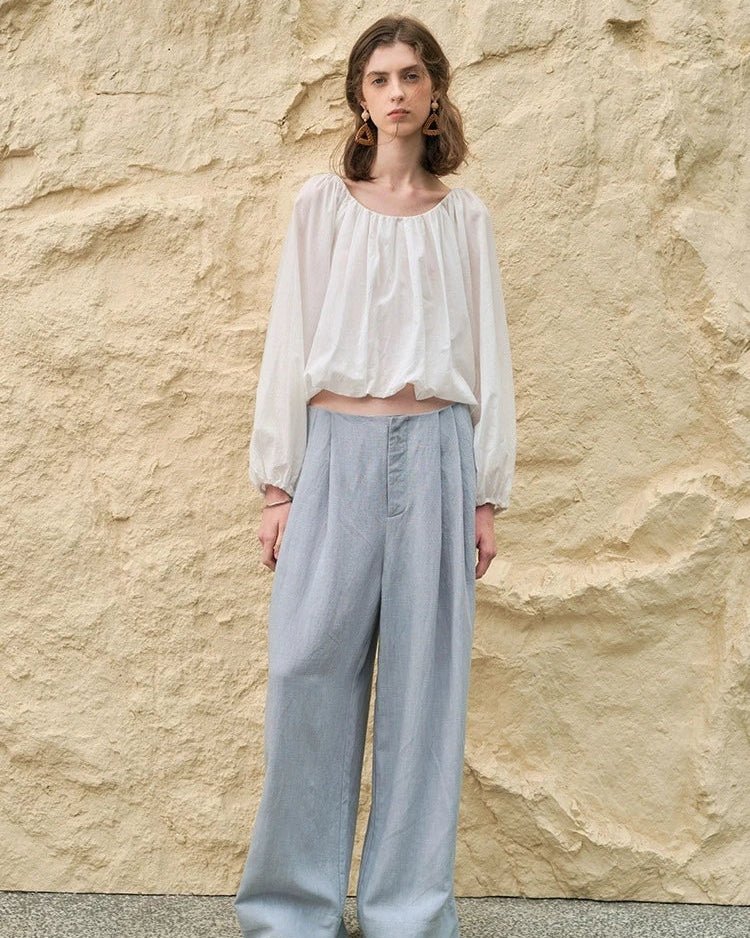 Simple Round-Neck Blouse With Puff Sleeves