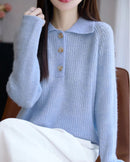 Merino Wool Hollow Polo Collar Loose Thick Knit Pullover
