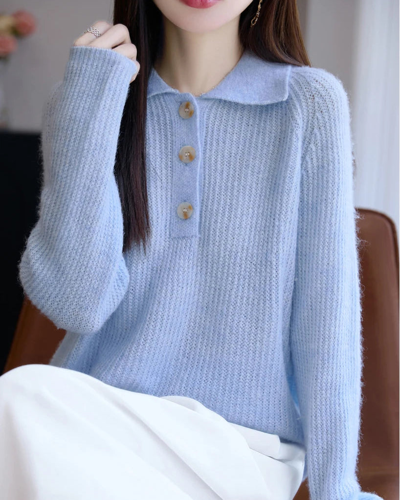 Merino Wool Hollow Polo Collar Loose Thick Knit Pullover