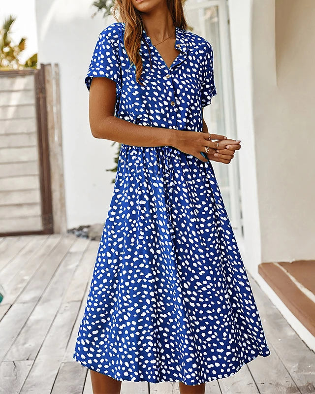 Polka Dot Short Sleeve Drawstring High-Waist Dress