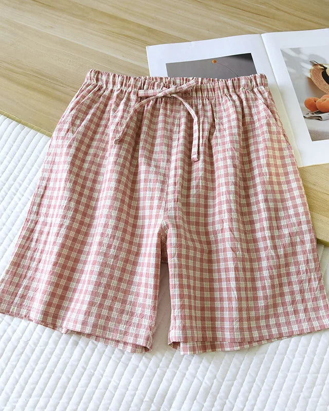 Plaid cotton gauze sleep shorts — lightweight, breathable, and designed for effortless comfort.