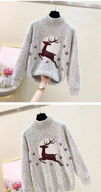 Elk printed Mink Velvet Mock Neck Sweater