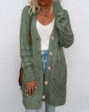 Solid Cable-Knit Open-Front Button Pocket Loose Long Cardigan