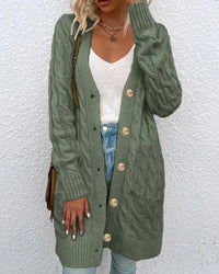 Solid Cable-Knit Open-Front Button Pocket Loose Long Cardigan