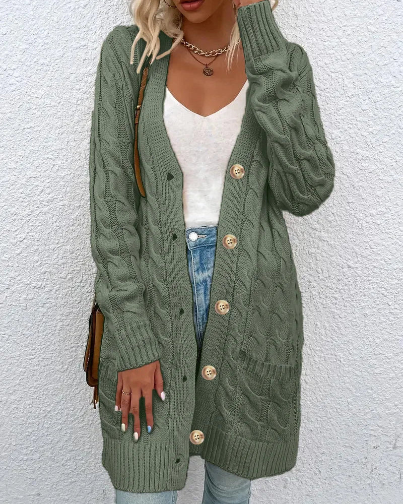 Solid Cable-Knit Open-Front Button Pocket Loose Long Cardigan
