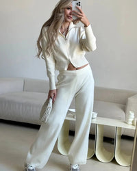 Zip-Up Cropped Knit Cardigan & Drawstring Wide-Leg Trousers Set