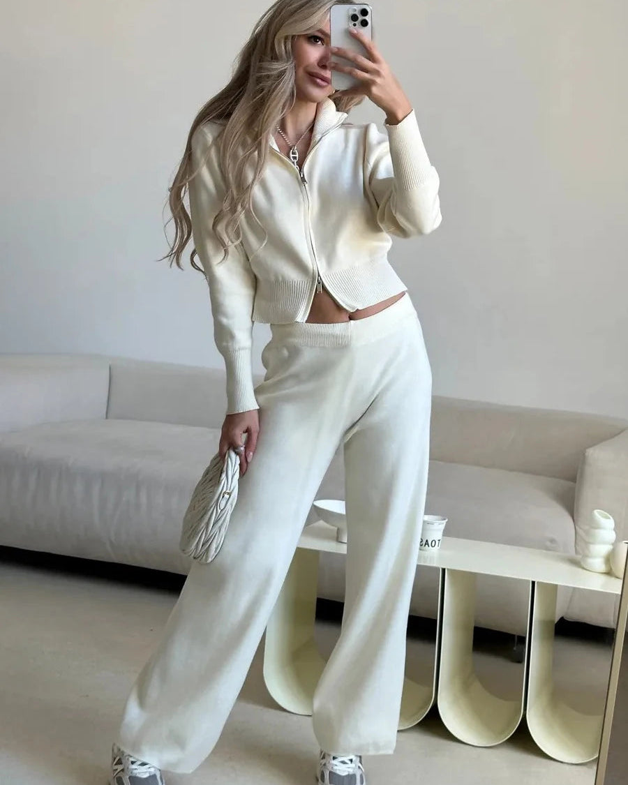 Zip-Up Cropped Knit Cardigan & Drawstring Wide-Leg Trousers Set