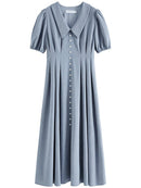 Solid Pleated Polo Neck Puff Sleeve Dress