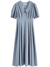 Solid Pleated Polo Neck Puff Sleeve Dress