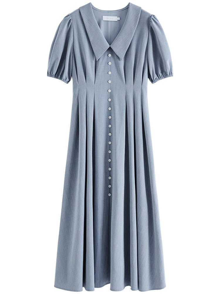 Solid Pleated Polo Neck Puff Sleeve Dress