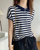 Striped Cotton Polo Collar Knit Tee