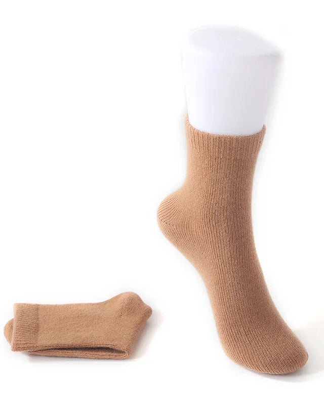 Women's Cashmere knit mid-tube socks featuring a sculpted straight-tube cuff, high-elasticity fit, and pure cashmere fabric, perfect for delivering poised warmth in cold office environments.