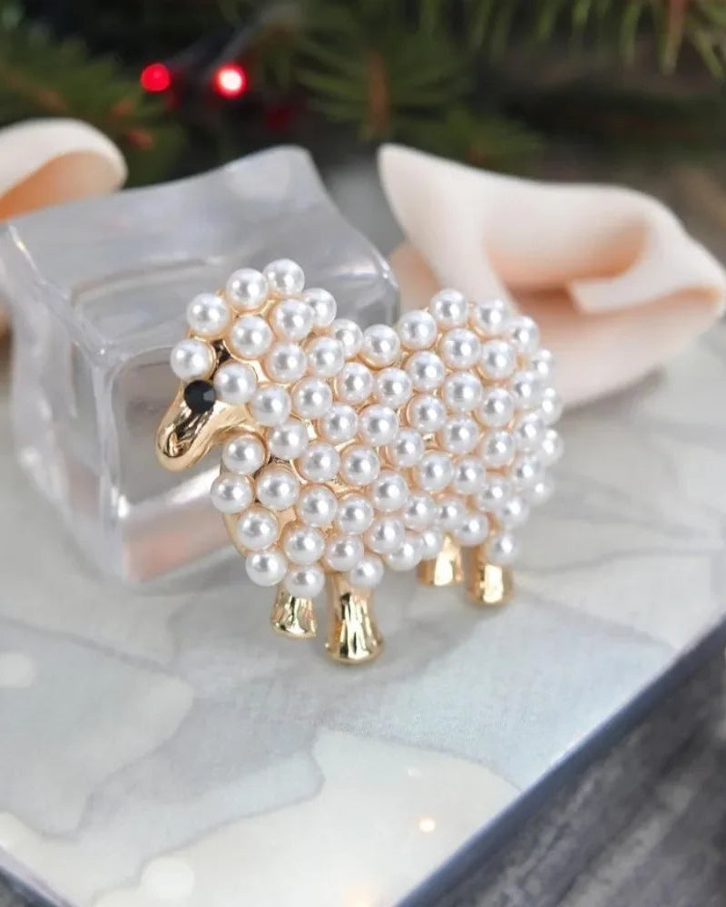 Faux Pearl Lamb Animal Brooch