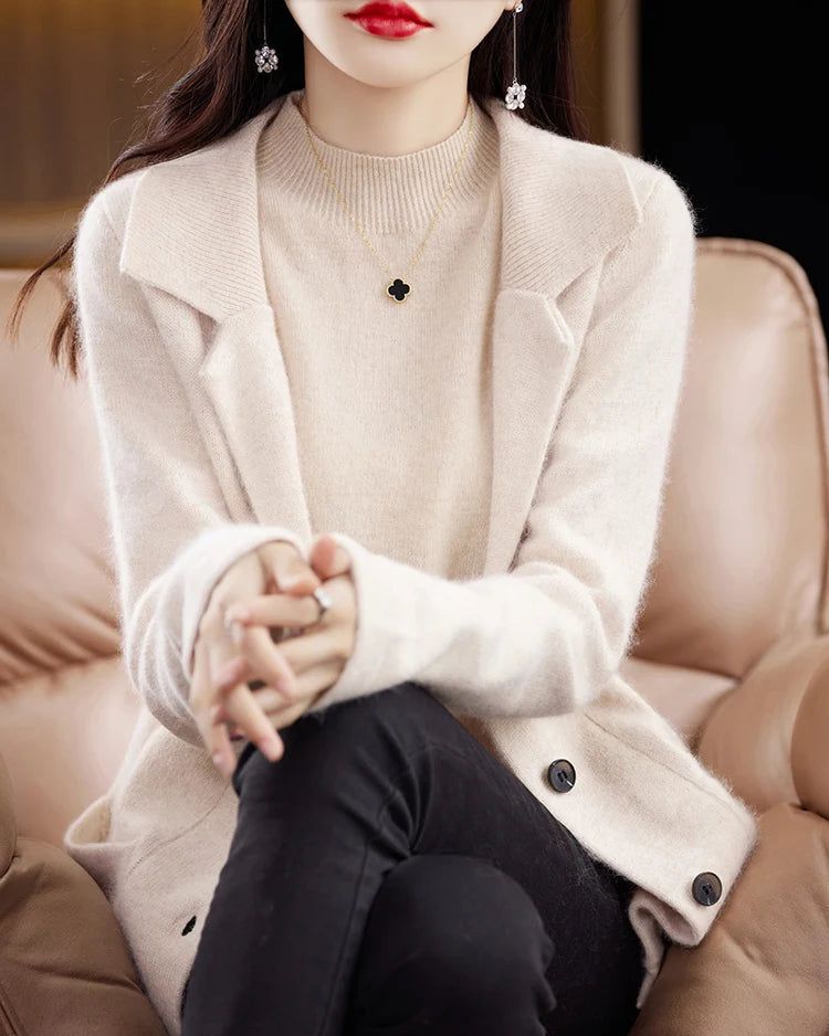 Mink Cashmere Tailored-Collar Knit Cardigan