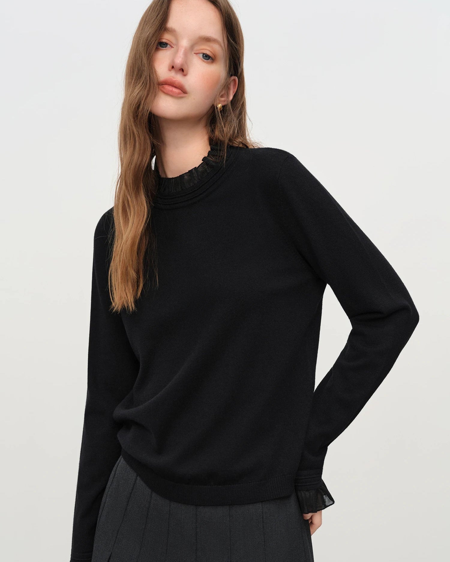 High-Neck Ruffled Knitted Slim-Fit Sweater