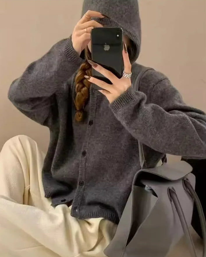 Single-Breasted Cashmere Hooded Cardigan