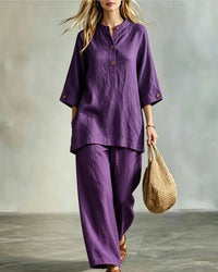 O-Neck 3/4 Sleeve Button Top & Ankle Trouser 2-Piece Set