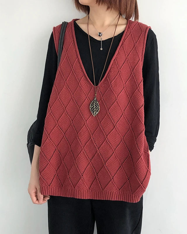 Oversized V-Neck Hollow Knit Vest