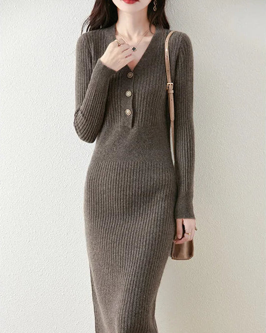 Wool V-neck button mid-length slim pullover sweater dress. Medium stretch — an elegant, warm autumn winter knitwear bottoming lady dress for women.