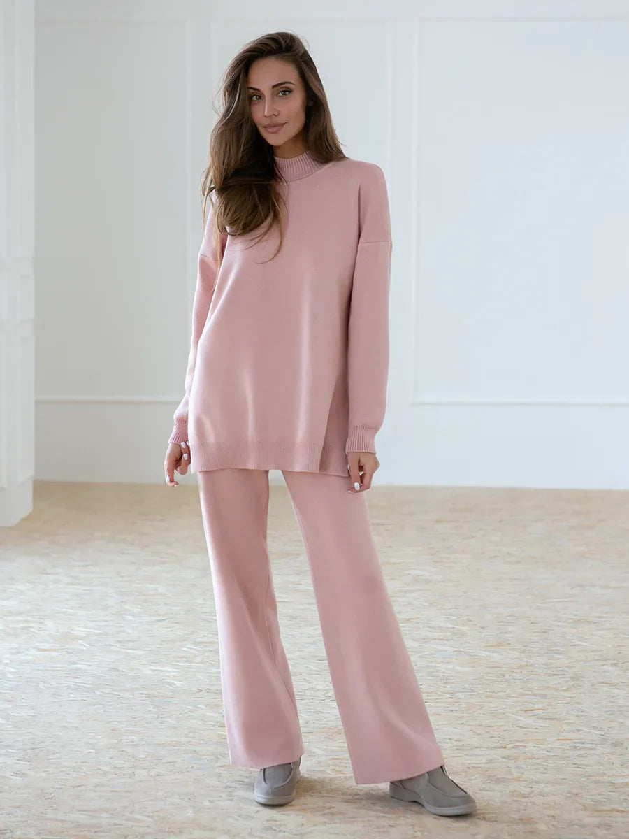 Half Turtleneck Sweater & Wide Leg Pants Knitted Set
