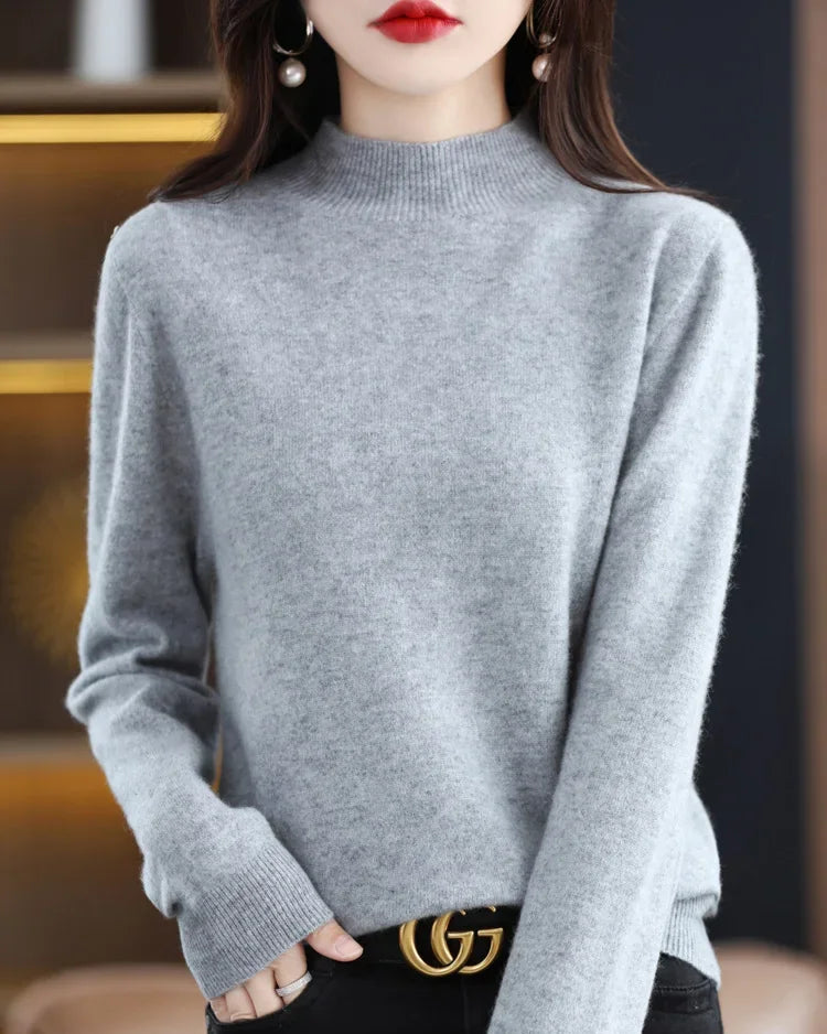 Merino Wool Seamless Half-High Collar Solid Knit Pullover