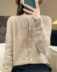 Merino Wool Round Neck Hollow Leaf Knit Cardigan Sweater