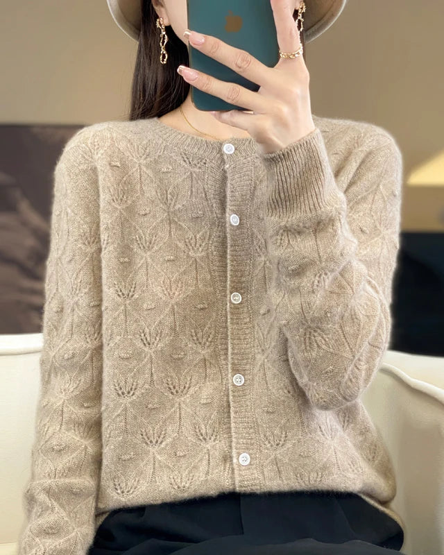 Merino Wool Round Neck Hollow Leaf Knit Cardigan Sweater