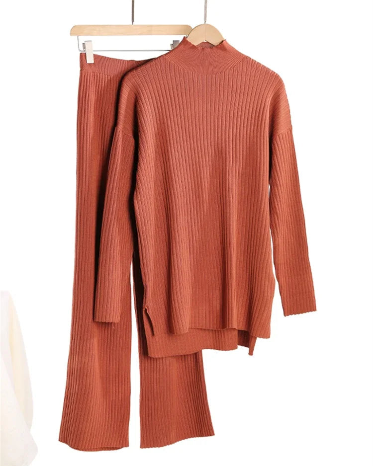 Half-Turtleneck Knit Sweater & High Waist Wide-Leg Trouser Set