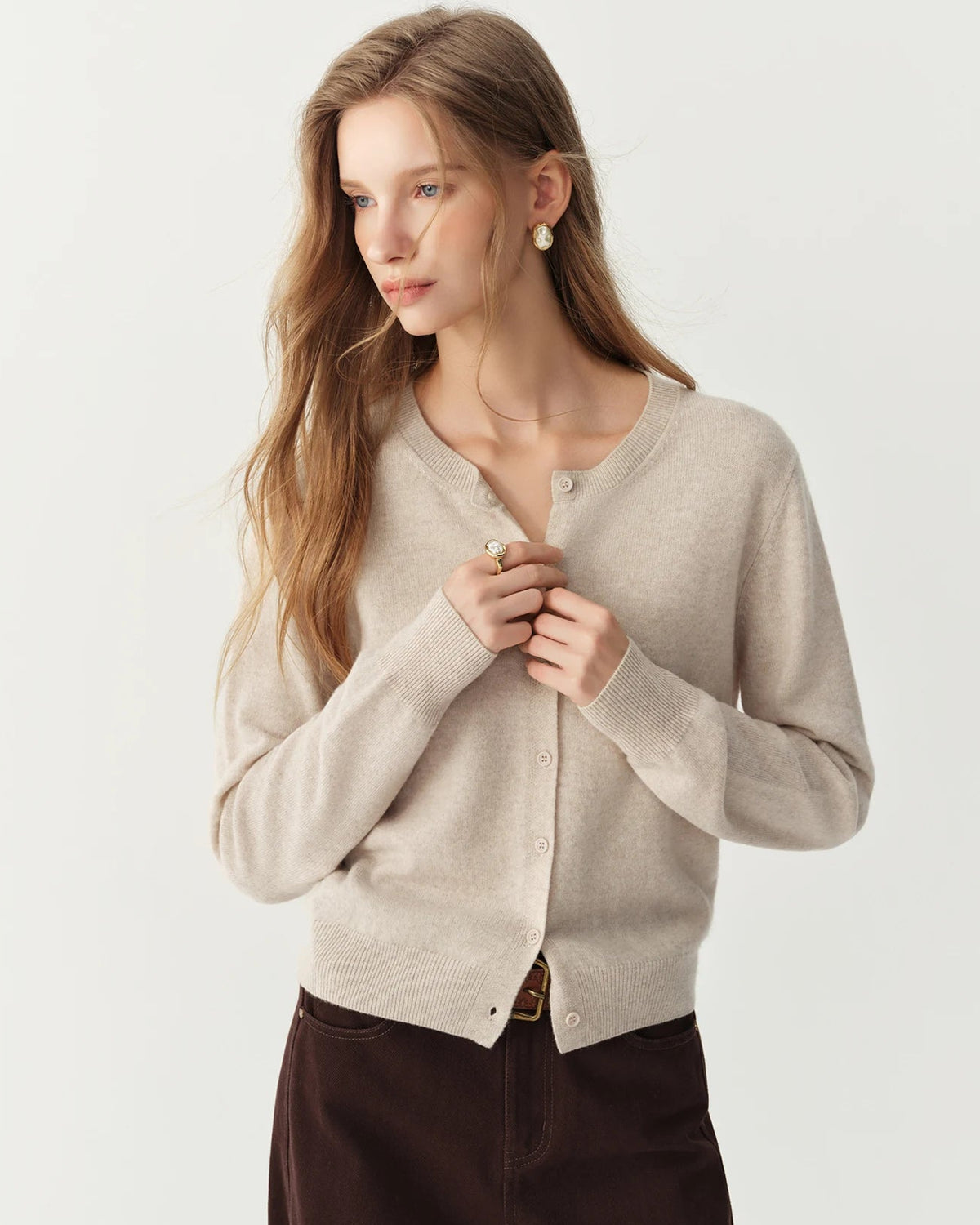 Rib-Trim Wool Crewneck Cardigan