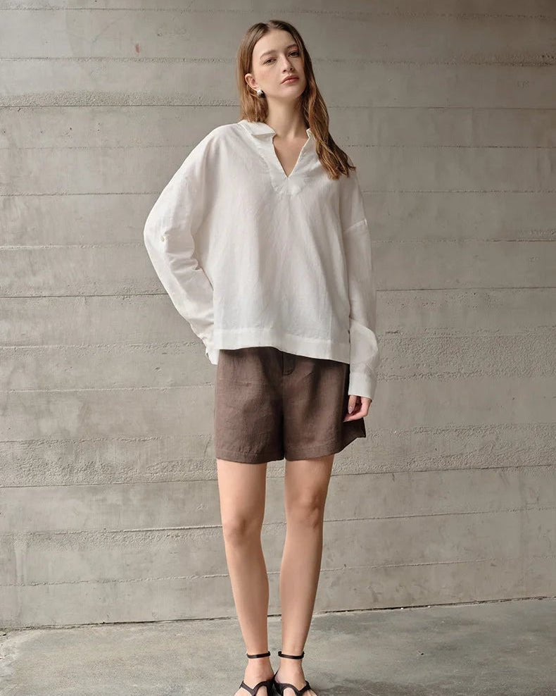 Retro Long-Sleeved V-Neck Casual Loose Shirt