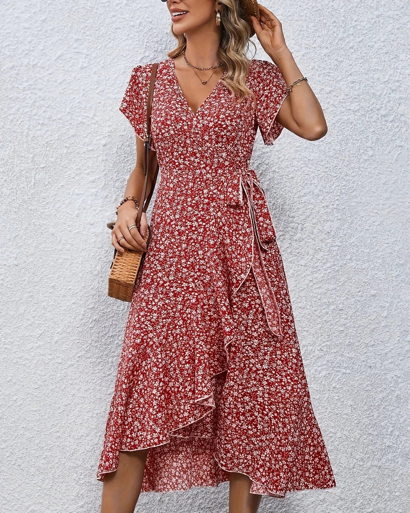 Floral Print V-Neck Lace-Up Flare Sleeve Midi Dress