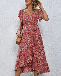 Floral Print V-Neck Lace-Up Flare Sleeve Midi Dress