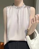 Loose And Casual Satin Vest T-Shirt With Ruffled Collar