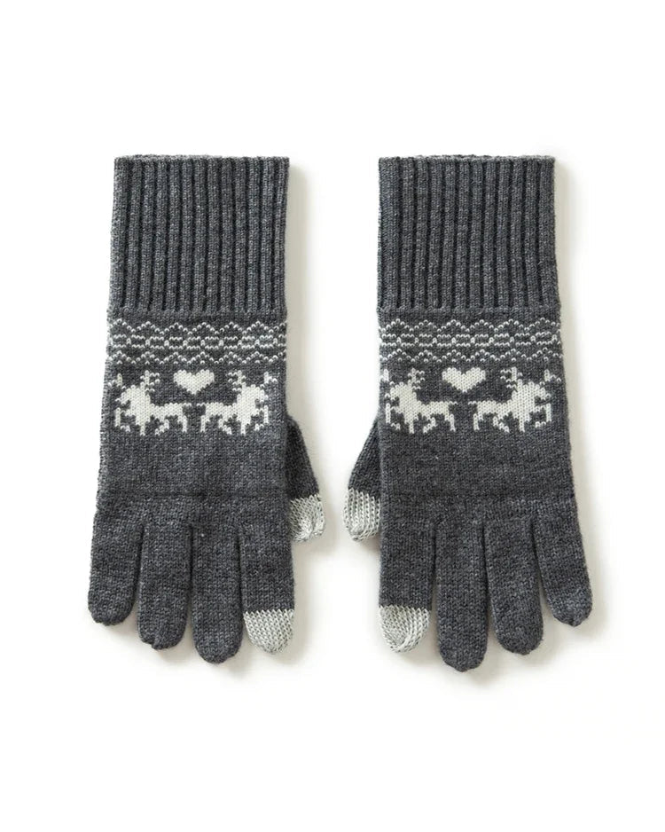 100% pure cashmere jacquard gloves with touchscreen fingertips. Classic knit, wrist-length warmth for women this winter.