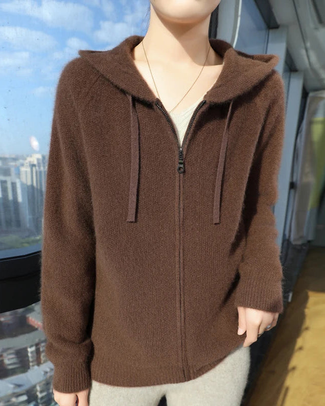 Wool Solid Hooded Zip-Up Open Cardigan Sweater