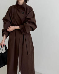 Minimalist Stand-Collar Belted Trench Coat