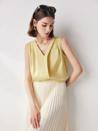 V-neck Solid Color Commuter Mulberry Silk Sleeveless Shirt