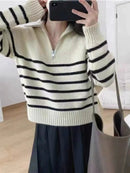 Half Zipper Striped Pure Cashmere Pullover