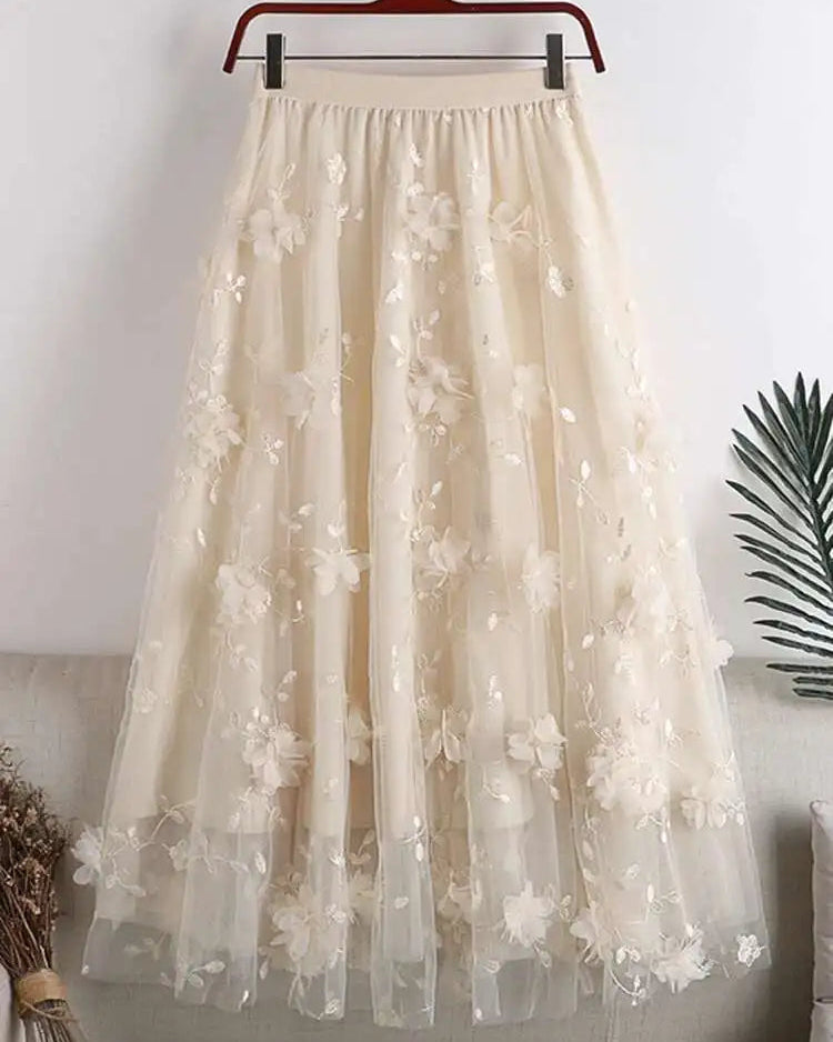 Floral Embroidered Mesh Midi Skirt