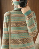 Wool Colour Block Turtleneck Loose Knit Pullover