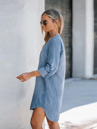 Denim V-Neck Long Sleeve Shift Mini Dress