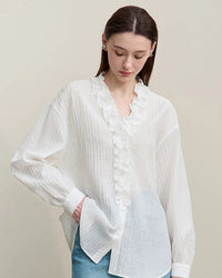 Ruffled V-Neck Long-Sleeved Loose-Fitting Shirt
