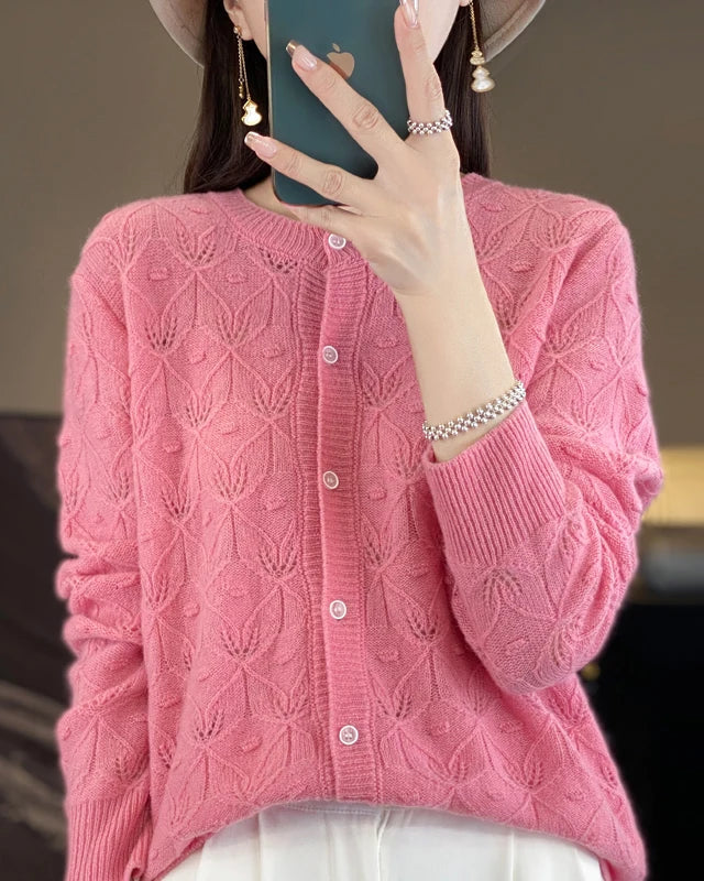 Merino Wool Round Neck Hollow Leaf Knit Cardigan Sweater
