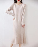 Wool Round-Neck Rolled-Hem Mermaid Long Dress