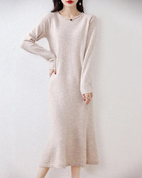 Wool Round-Neck Rolled-Hem Mermaid Long Dress