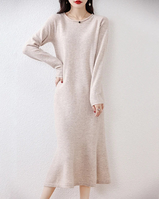 Wool Round-Neck Rolled-Hem Mermaid Long Dress