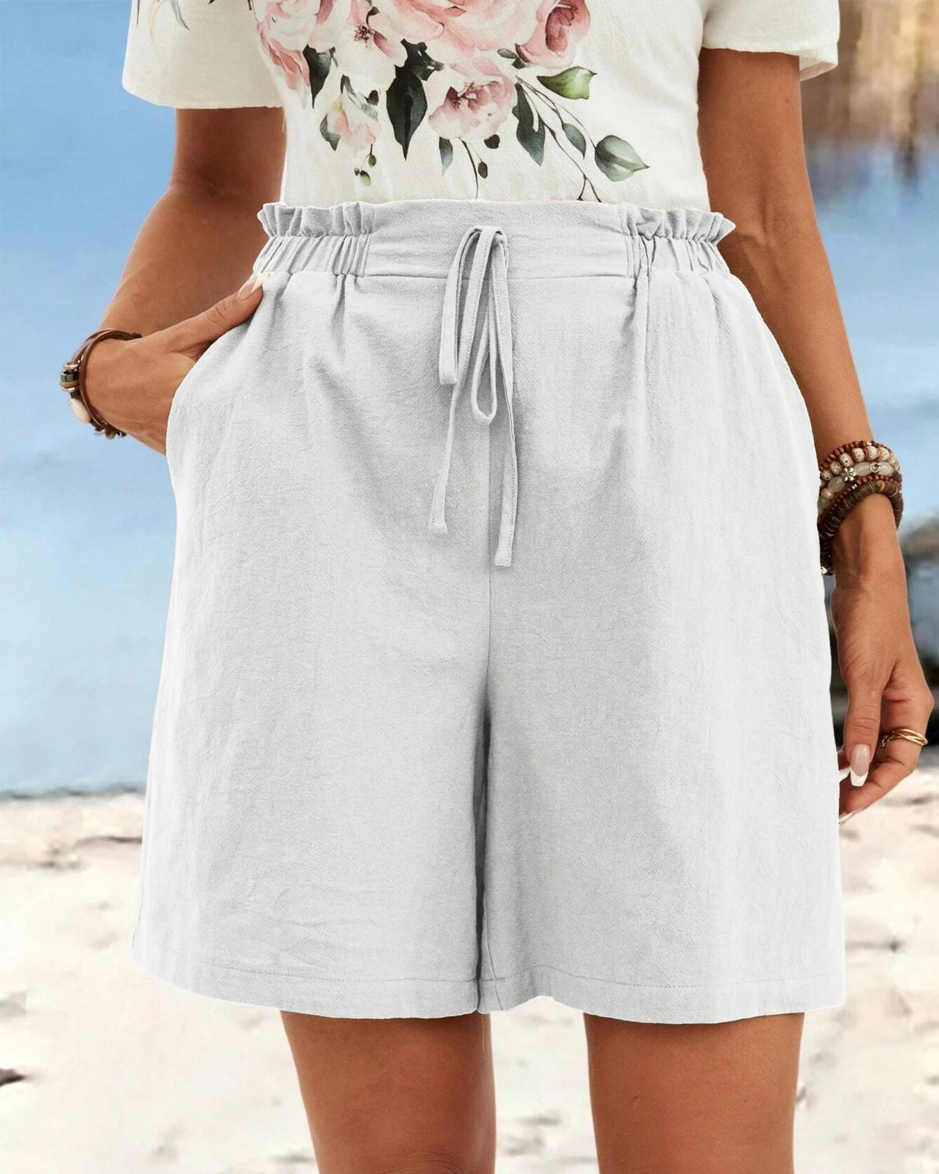 High-Waisted Linen Drawstring Shorts